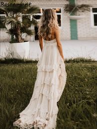 Bohemian Halter Backless Illusion Wedding Dresses A-Line Sleeveless Tiered Appliques Lace Country Bridal Gowns