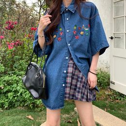 Women's Blouses American Vintage Lapel Short Sleeve Shirt Summer 2024 Design Sense Casual Loose Denim Fruit Embroidered Blouse