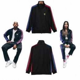 awge Y2K NEEDLES Mandarin Duck Ctrast Colour Track Stripe Coat Lg Sleeve Butterfly Embroidery Men Women Lapel Collar Jacket p9GT#