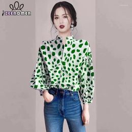 Women's Blouses 2024 Spring Summer Fashion Polka Dot Print Shirts Women Stand Collar Lantern Sleeve Single Breasted Casual Chiffon Top