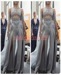 Modest Sexy Jumpsuit Evening Dresses Pants Applique High Split Long Sleeve Saudi Arabia Party Wear Robe De Soiree Prom Ball Pagean3376856