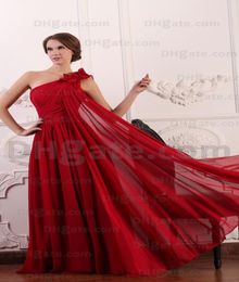 2015 Dark Red A Line Chiffon Evening Dresses Flowered One Shoulder Ruched Prom Dressess MZ0703861004