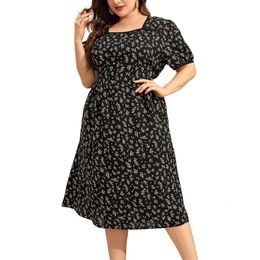 Plus Size Dress Summer Square Collar Short Sleeve Waist Tight Large Hem Midi Floral Print Casual Female Clothes 240312