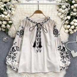 Women's Blouses Ethnic Style Vintage Embroidery Lace-Up Tassel Black White Shirt 2024 Spring Long Sleeve Loose Vacation Tops