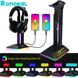Earphones RGB Headphone Stand with Type C 2 USB Ports 3.5mm Audio for All Headsets Gamers Gaming PC Desktop Earphone Accessories Holder