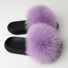 Slippers Slippers Fur Summer Womens Real Fox Slides Ome Furry Flat Sandals Non slip Fluffy Flip Cap Cute Plus Soes H240326MMQ9