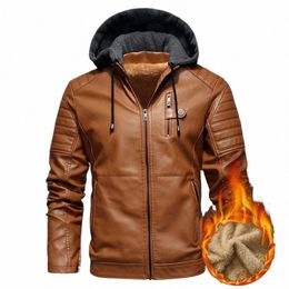 men Jacket Fleece Liner Hooded Faux Leather Plus Size Motorcycle Jacket Biker Coat Autumn Winter Windbreaker for Working 570N#