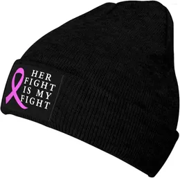 Berets Her Fight Is My Breast Cancer Awareness Beanie Winter Hat Warm Chunky Cable Knit Hats Soft Stretch Thick Cute Knitted Cap
