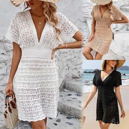 Casual Dresses Cutout Crochet Bikini Swim Cover Up For Women Sexy V-neck Short Sleeve Beach Tunic Mini Dress 2024 Summer Beachwear