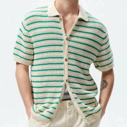 Men's Polos Summer Fashion Vintage Knit Polo Shirt Men High Quality Stripe Color Matching Top Casual Cardigan Short Sleeve