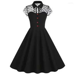 Party Dresses Women's 1950s Mesh Patchwork Vintage Swing Short Puffy Sleeve Stand Collar With Tie A-line Dress Sheer Tops