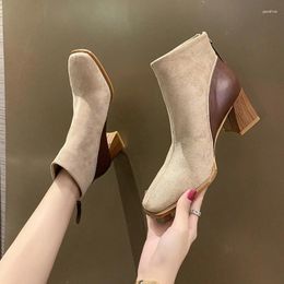 Boots 2024 Autumn Winter Fashion Stitching Knitted Elastic Stockings High-heeled Short Women's Square Toe 39