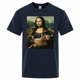 funny Ma Lisa And Cat Printed T-Shirt For Men Summer Cott T Shirt Loose Breathable Clothing O-Neck Fi Casual Short Tees R4I1#
