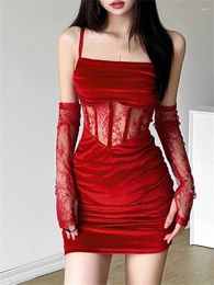 Casual Dresses 2024 Vintage Y2k Ruched Elegant Corset Gothic Lace Patches Sheer Sling Party Dress Red Black Ladies Backless Clothes