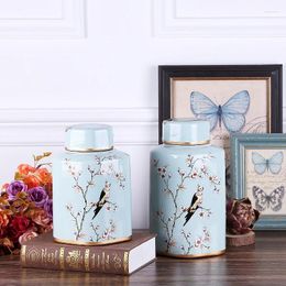 Vases Retro Ceramics Vase Flowers And Birds Handmade With Cover Storage Jar Flower Arrangement Accessories Home Decoration