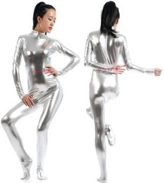 Sexy Women Body Suit Costumes Silver Shiny Lycra Metallic Women039s Catsuit Costume No HeadHand Halloween Party Fancy Dress Co2341893