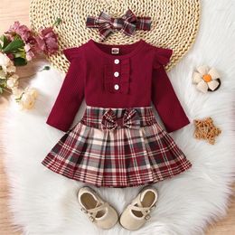 Clothing Sets 3Pcs Autumn Born Baby Girls Outfits Set Ribbed Button Long Sleeve Romper Plaid Pleated Skirt Headband Suit For Toddlers