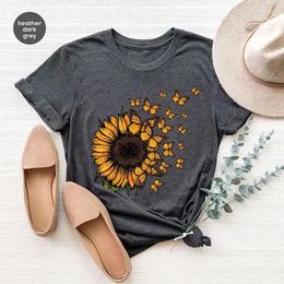 Women's T Shirts Sunflower Butterfly Flower Costume T-Shirt Cotton Inspirational Undershirt Street Style Unisex Round Neck Regular Tee