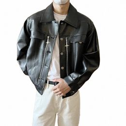 streetwear Black PU Jackets Men Women Star Zipper Vintage Bomber Jacket Turn Down Collar Casual Basic Coat Male Clothes 2023 k4Av#