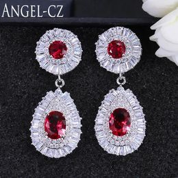 Dangle Earrings ANGELCZ High Quality Red Bridal Jewelry Sparkling Austrian Crystal Pear Drop Designer Style Long For Women AE165