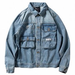 denim Jacket Men's Wed Retro Lapels Jeans Coat Loose Casual Multi Pocket Cargo Outerwear Cowboy Jackets Male G6fS#