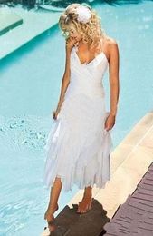 2019 New Cheap Short Bohemian Beach Wedding Dresses Halter Neck Tea Length Summer Boho Style White Chiffon Bridal Gowns4553792