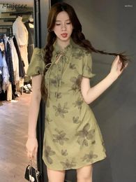 Party Dresses Green Slim Summer Women Chinese Stye Mini Sweet Vintage Embroidery Chic Aesthetic Delicate Irregular Lace-up Defined