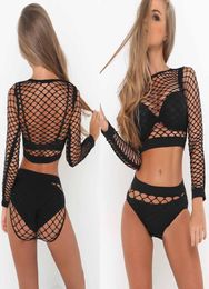 New Women Sexy Fishnet Bikini Set Black Mesh Pushup Tops Bra Hollow Bandage Bottoms Female Beachwear Swimsuit Swimwear2026749