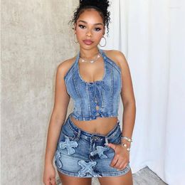 Work Dresses Sexy Denim Two Piece Set Women Party Club Outfits Halter Corn Bandage Crop Top And Cross-stitch Mini Skirt Jeans Matching Sets