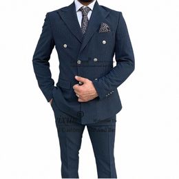 navy Blue Striped Suits For Mens Double-Breasted Busin Blazer Wedding Groom Tuxedo 2 Piece Set Jacket Pants Terno Masculino c5Fl#