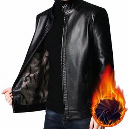 men Faux Leather Coat Mid-aged Men's Windproof Faux Leather Jacket with Plush Heat Retenti Stand Collar Motorcycle Coat 02lm#