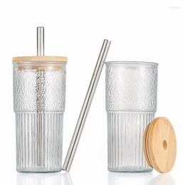 Wine Glasses Pearl Milk Tea Glass Cup Coffee Cups Wooden Cover Hammer Pattern 20oz Beer Mug Straw Latte Drinkware Kitchen Dining Bar Home