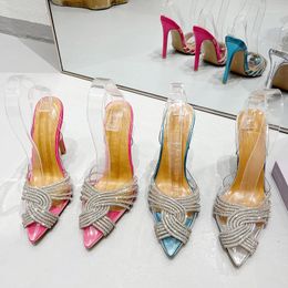 Summer Women's High Sandals Heels Rhinestone Stiletto Heel Pointed Toe Transparent One-strap Back Versatile Single Shoes 8541
