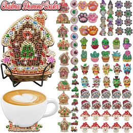 Stitch 6/8/10Pcs DIY Diamond Painting Christmas Coaster Ornament Halloween Drink Cup Cushion with Holder Diamond Embroidery Kit Decor