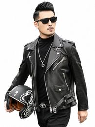 spring Autumn Short Cool Black Leather Biker Jacket Men Zipper Lg Sleeve Belt Plus Size European Fi 4xl 5xl H7nU#