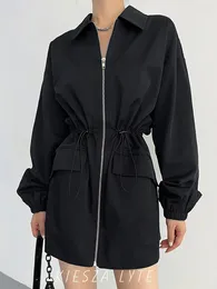 Women's Trench Coats Trendy High Street 2024 Fashion European And American Style Waist Cinched Sporty Long Coat For Women Black Jackets