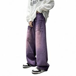 purple Wide Jeans for Men Ins Fi Hip Hop Denim Trousers Vintage Casual Pants Streetwear Oversized Bottoms Male Y2K Clothes 370h#