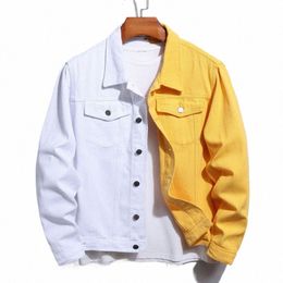 men's Black Red Yellow White Spliced Denim Jacket Streetwear Loose Jean Coat Patchwork Top Outerwear 61AE#