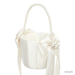 Storage Baskets Flower Girl Basket Ring Set Romantic Satin Bow Pearls Ring Bearer for Wedding Party Decor Dropship