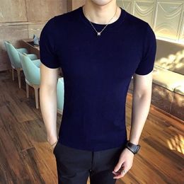 Men's T Shirts Autumn 2024 Fashion Men Short Sleeve Round Collar Slim Fit T-shirt Male Solid Color Tees Tops Casual Knitted Sweater B75