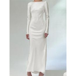 Basic Casual Dresses Tossy White Backless Slim Long Dress Womens Sleeve Bandage Patchwork Party Solid Elegant Summer Women Maxi Drop D Otlnf