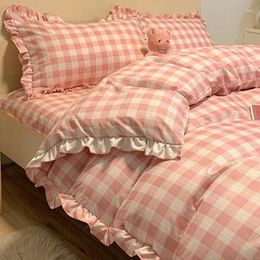 Bedding Sets Fashion Lattice Set Bed Sheet Cute Princess AB Double Sided Ruffle Flower Quilt Cover Pillowcase Bedclothes Home Textile