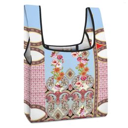 Shopping Bags Customized Printed Shopper Ethnic Style Printing Color Blocked Tote Double Strap Handbag Casual Foldable