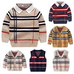 1-8T Toddler For Boy Girl Kids Sweater Vest Autumn Winter Warm Cardigan Top Long Sleeve Plaid Sweaters Fashion Knitwear Clothes 240326