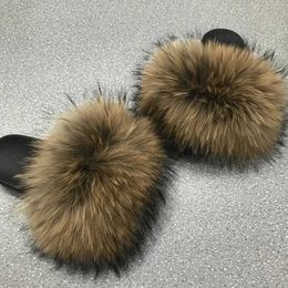 Slippers Slippers Fur Summer Womens Real Fox Slides Ome Furry Flat Sandals Non slip Fluffy Flip Cap Cute Plus Soes H240326W4CF