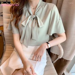 Women's Blouses 2024 Summer Fashion Bowknot Ruffled Short Sleeve Blouse Top Sweet Loose Chiffon Shirt For Women Clothing