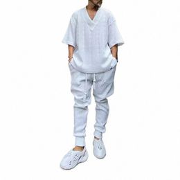 men Knit Suit V-Neck Short Sleeve Tops And Pants Slim Fit Two Piece Set Fi Streetwear Casual Solid Jacquard Sweater Outfits y1ZA#