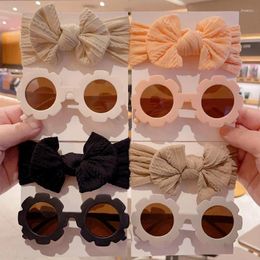 Hair Accessories 2 Pcs/Set Children Colours Soft Bowknot Wide Hairbands Fashion Square Edged Sunflower Sunglasses Set Kids