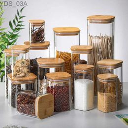 Storage Bottles Jars Square Sealed Glass Bottles Jars New Tea Coffee Beans Transparent Storage Boxes Candy and Snack Tins with Bamboo Lid 240327