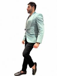 veet Men's Suit 2 Pieces Green Blazer Black Pants One Butt Wide Lapel Slim Fit Busin Wedding Groom Tailored Costume Homme J4U2#